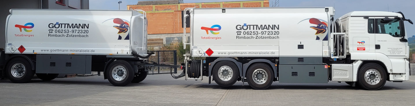 Tankwagen und Anhänger der Firma Göttmann mit TotalEnergies Logo